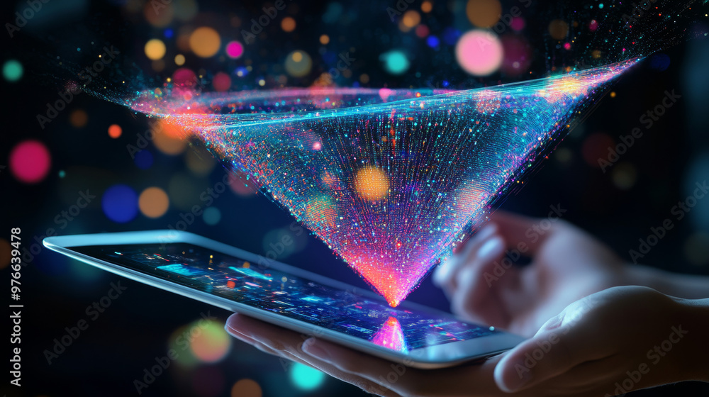 Poster digital sales funnel on a tablet screen held by hands, showcasing a big data concept. features abstr
