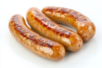Three grilled Weisswurst sausages on a white background. Perfect for a traditional German meal or snack.