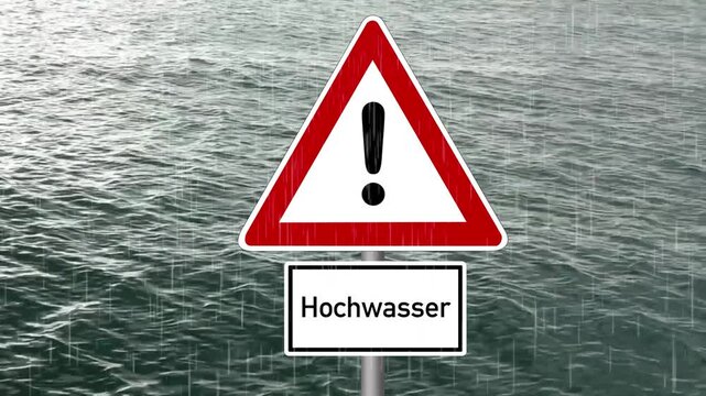 Starker Regen und Warnschild Hochwasser