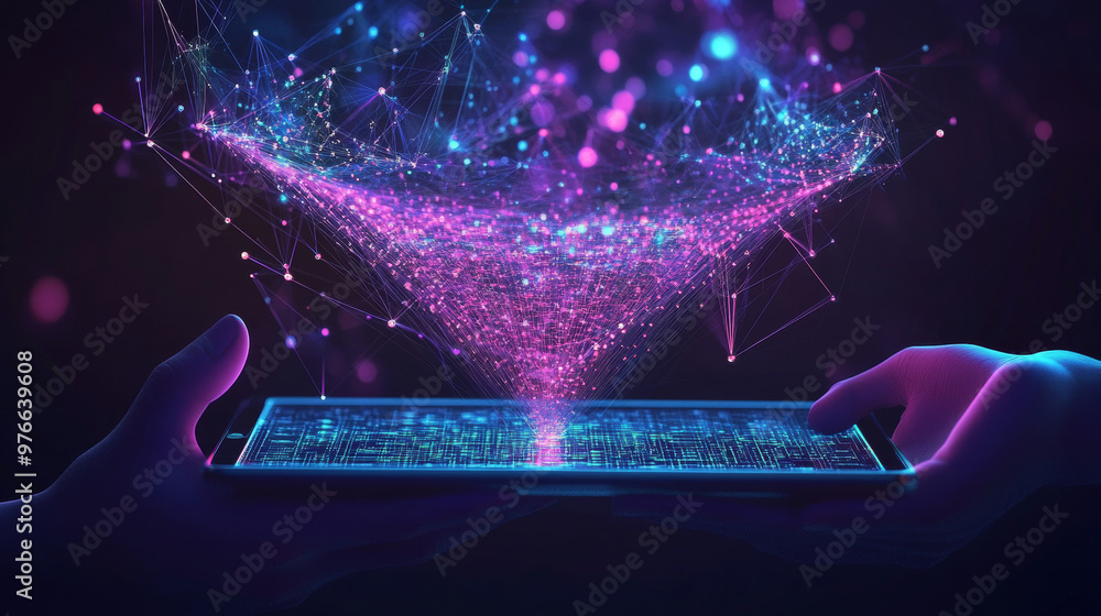 Poster digital sales funnel on a tablet screen held by hands, showcasing a big data concept. features abstr