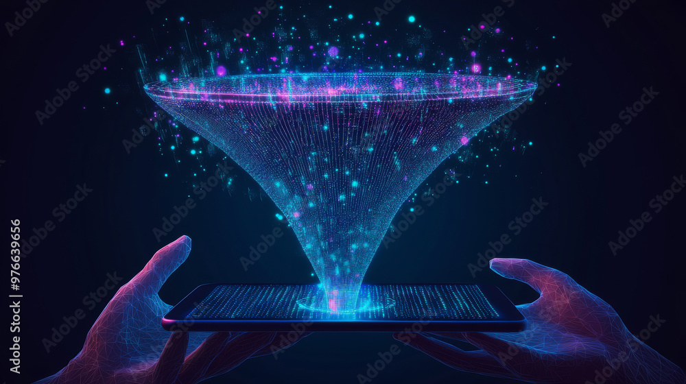 Poster digital sales funnel on a tablet screen held by hands, showcasing a big data concept. features abstr