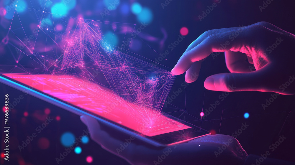 Poster digital sales funnel on a tablet screen held by hands, showcasing a big data concept. features abstr