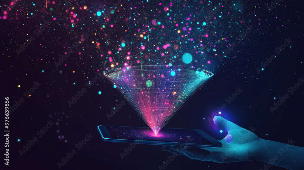 Poster digital sales funnel on a tablet screen held by hands, showcasing a big data concept. features abstr