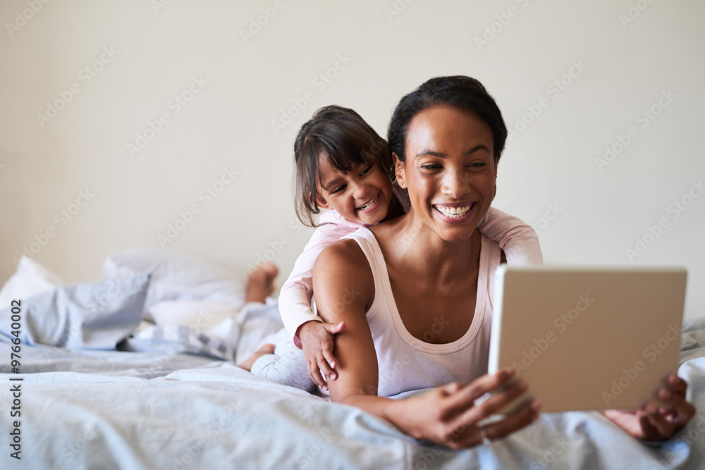 Canvas Prints Selfie, bed and mother with girl, tablet and typing with internet, home or connection. Family, single parent or mama with daughter, tech or digital app for picture, memory or bonding together for fun