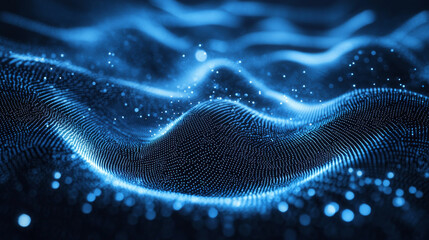 Digital wave particles grid with a big data background. Features spreading sound wave circles and streaming data. Includes a futuristic circular sound wave and big data visualization in a 3D virtual.