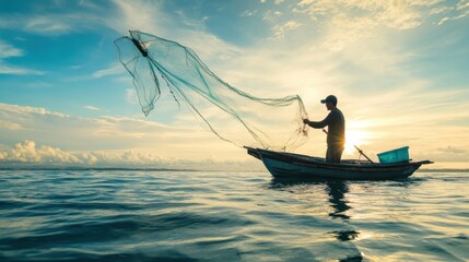 Naklejka premium Fisherman Casting Net at Sunrise, Traditional Fishing, Ocean Harvest, Coastal Life