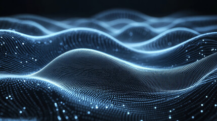 Digital wave particles grid with a big data background. Features spreading sound wave circles and streaming data. Includes a futuristic circular sound wave and big data visualization in a 3D virtual.