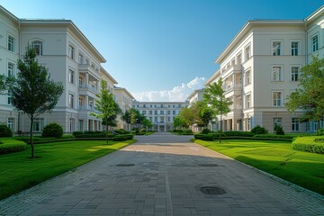 A large, empty courtyard with two buildings on either side