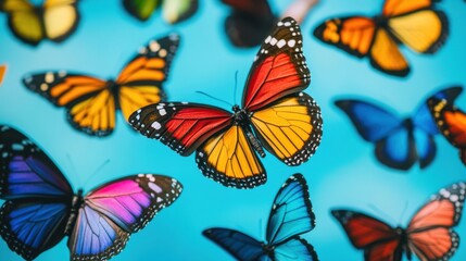 Colorful monarch butterflies flying on a blue background, Concept of freedom, beauty, and nature.