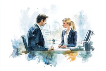 Watercolor illustration of a business meeting, featuring a sales representative and a client, discussing a deal, contract, or proposal. The illustration symbolizes professionalism, communication, and 