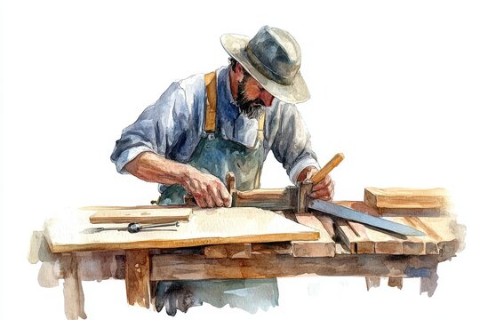 Watercolor illustration of a carpenter working on wood, showcasing craftsmanship, woodworking, skill, dedication, and construction.