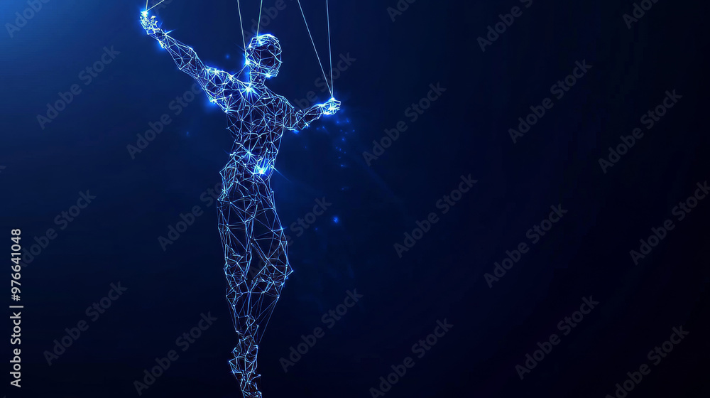 Aufkleber puppet. marionette controlled by strings. low poly wireframe vector illustration on a dark blue back