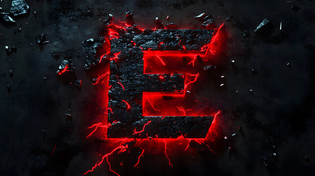 3D lettering of the text E with lightning, black background, red lighting effects, cyberpunk style, gaming logo design, simple design, cool-looking font, sharp edges, high resolution, 2K, design