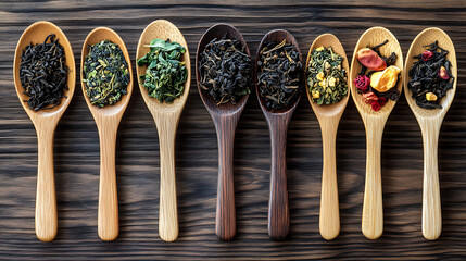 A variety of wooden spoons with different types and colors of tea leaves, a black Chinese spoon, green Chinese loose-leaf tea on the top left-hand side of each spoon