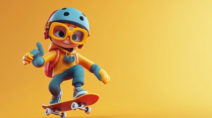 A cartoon boy with a backpack and goggles rides a skateboard against a yellow background.