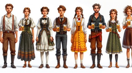 Fototapeta premium Oktoberfest Characters Set in Retro Style with Beer Glasses - Flat Cartoon Vector Illustration of Group of Diverse People in Traditional German Costumes on White Background