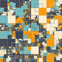 Seamless abstract geometric composition with multicolored interlaced squares. Electronics circuit board puzzle style vector pattern