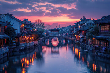 Fototapeta premium Old style buildings and rivers in ancient Chinese towns