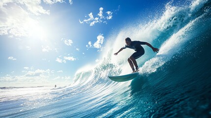 A surfer rides a wave in the ocean.