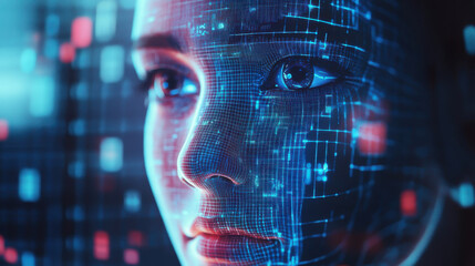 Digital Avatar with Holographic Mesh Overlay in Futuristic Sci Fi Style