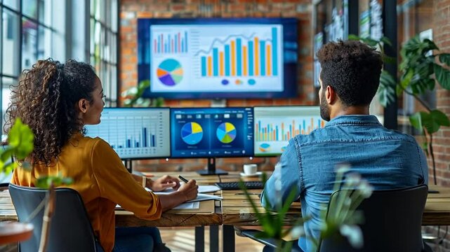 Data-Driven Decisions: A collaborative team analyzes key performance indicators (KPIs) on multiple monitors, showcasing a modern, data-centric business environment.