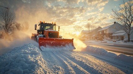 Winter scene of snowplow clearing snow-covered streets with sunlight in the background