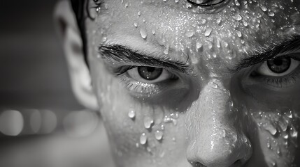 A young man with water dripping off his face.