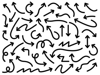 Hand drawn arrow vector icons set. Sketch arrow design for business plan and education. Set of arrows line black icons. Circle arrows, rotate arrow, redo process symbol. Vector Illustration.