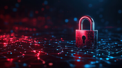 3D Rendering of a Red Padlock on a Dark Blue Digital Background