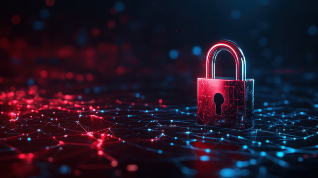 3D Rendering of a Red Padlock on a Dark Blue Digital Background