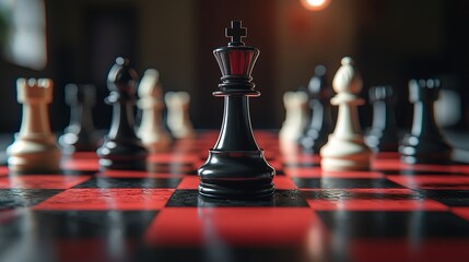 Chess pieces in strategic formation on a black and red chessboard