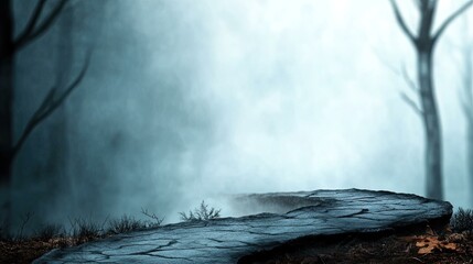 Misty Forest Background with Stone Platform.