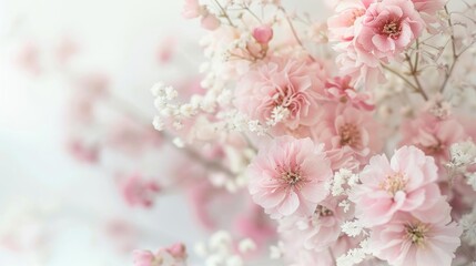 Delicate pink blossoms, soft petals blending together, gentle white accents, evoking a serene and tranquil floral arrangement, perfect for springtime aesthetics
