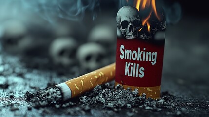 Burning cigarette pack with "Smoking Kills" warning and skulls in dark, smoky setting