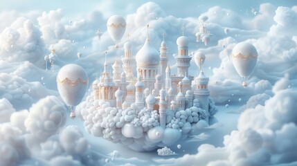 Whimsical Cloud City, a fantastical floating metropolis adorned with elegant towers and hot air balloons, surrounded by fluffy clouds under a serene blue sky.