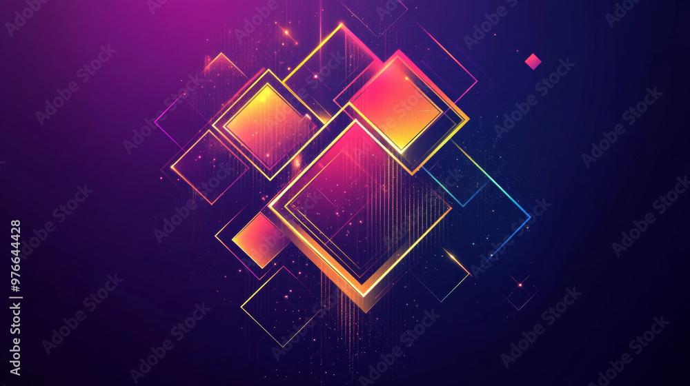 Poster dynamic geometric shapes including hexagons, rhombuses, squares, triangles, and polygons. features a