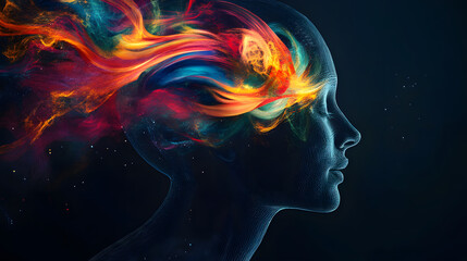 A stunning digital artwork depicting human silhouette with vibrant, colorful swirls emanating from head, symbolizing creativity and imagination. contrast of colors against dark background enhances vis