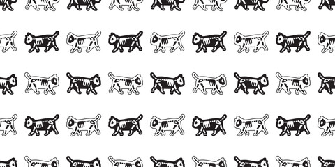 cat seamless pattern halloween skull bone skeleton cartoon black kitten calico walking doodle pet tile background gift wrapping paper scarf isolated repeat wallpaper illustration