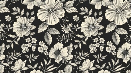 Elegant floral pattern in monochrome, featuring detailed flowers and leaves against a dark background, ideal for textile designs or sophisticated decor accents.
