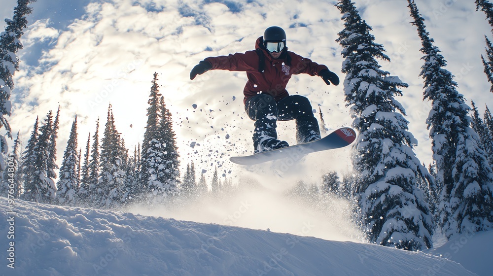 Wall mural A snowboarder in an orange jacket and goggles jumps off a snowy mountainside.