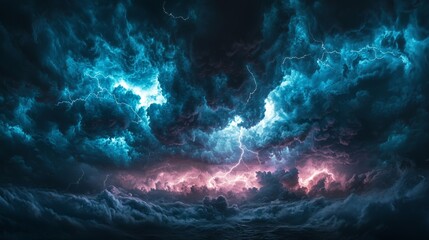 Dark and stormy sky, charged with energy, lightning bolts cutting through the clouds with force