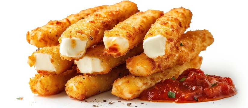 A stack of crispy and golden mozzarella sticks with marinara sauce isolated on a white background 