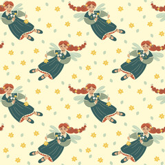 Vector seamless pattern with flower flying fairy and simple flowers. Cute fantasy girls with bouquet. Nice cartoon character wallpaper. Repeat texture for kids textile.