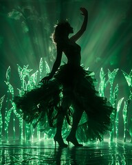 Silhouette of a woman in a green dress dancing on a stage with green lights.