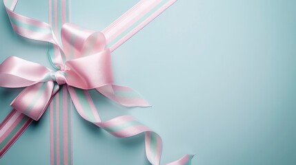 Fototapeta premium Pastel bow decoration, elegant pink and mint ribbons beautifully arranged on a soft blue background, perfect for gift presentation or celebratory occasions.