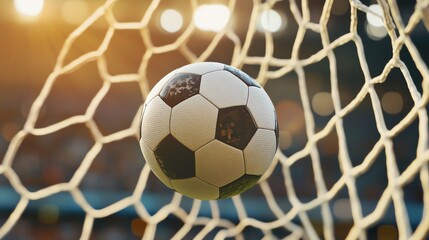 A soccer ball rests in the back of the net, a moment of triumph captured in a close-up.