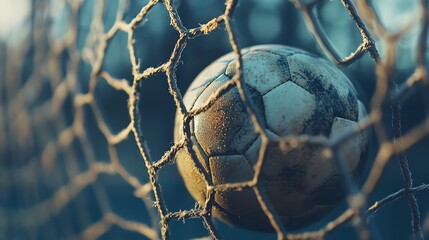 A worn soccer ball sits in a net, the textured leather and faded colors tell a story of countless games and victories.