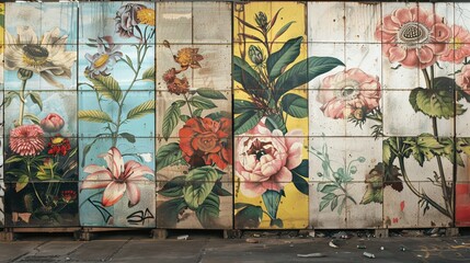Obraz premium Floral Wall Art Vintage Flower Tiles Colorful Botanical Wall Decor