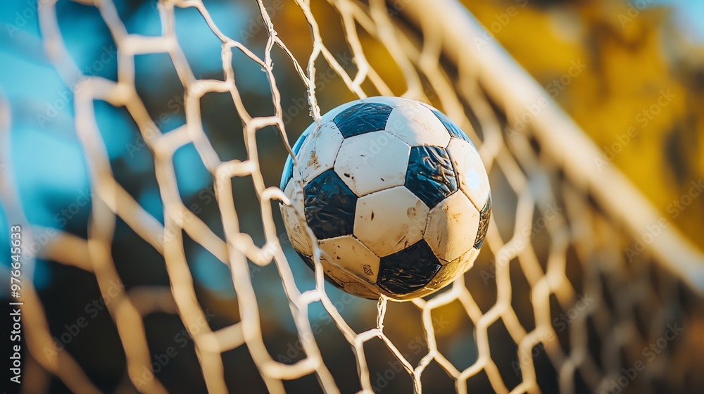 Sticker A soccer ball covered in frost sits in a soccer net.