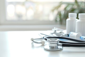 Medical concept with stethoscope and bottles on desk